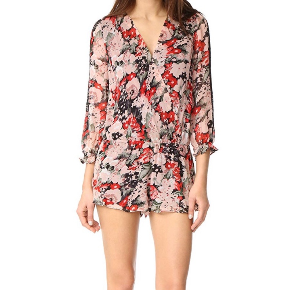 Joie Floral Print Silk Ellar Romper w/ lace detail